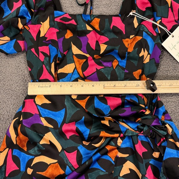 Show Me Your Mumu Dress Womens Medium Black Multi Puff Sleeve Mini Wrap Made USA - Picture 6 of 10